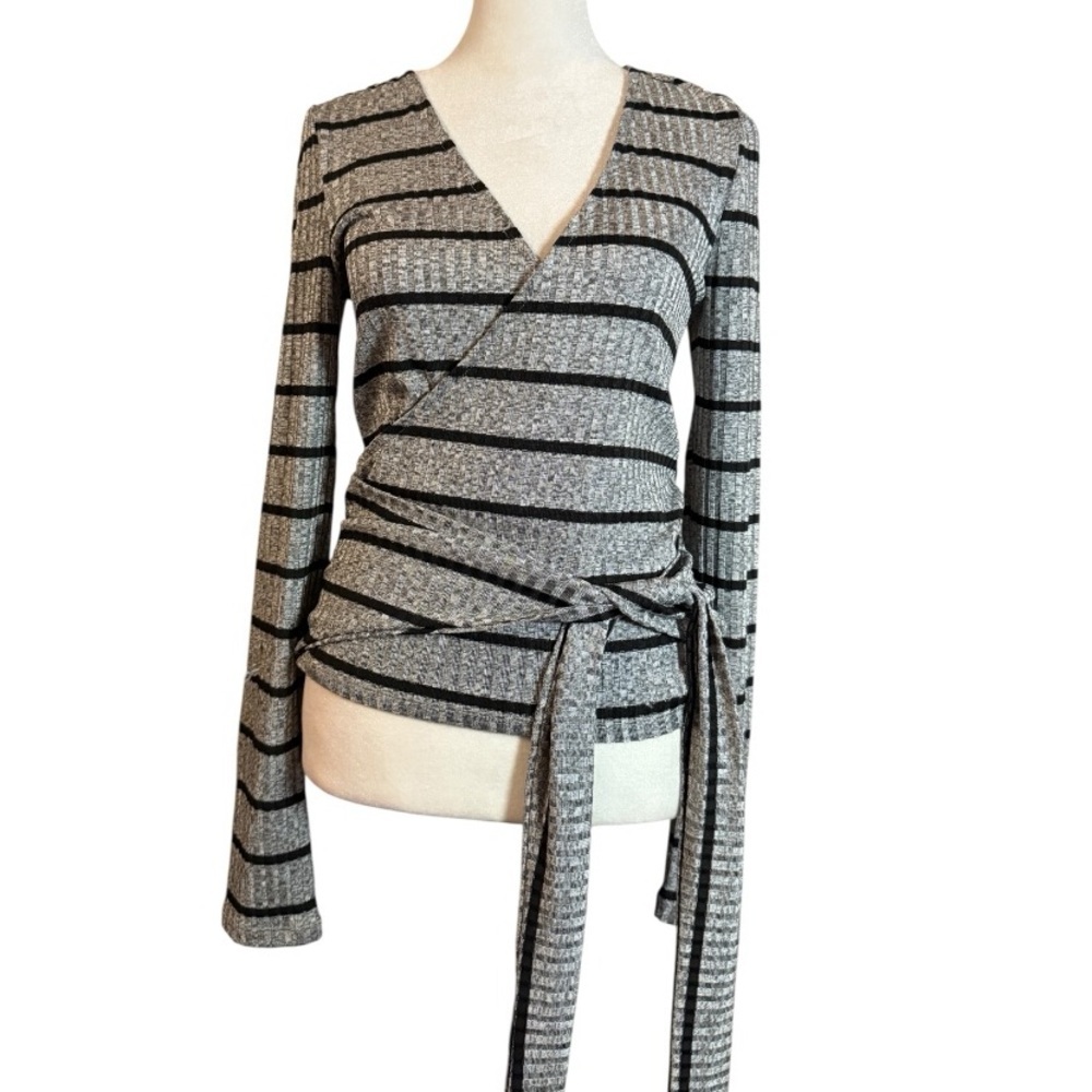 Active Seller!-Guess Gray Striped Ribbed Wrap Top Tie Waist Long Sleeve M